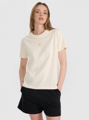 4F T-shirt oversize z nadrukiem damski - beżowy S. Brązowe t-shirty damskie 4F, l, bez wzorów, z bawełny, klasyczne, bez kołnierzyka, bez ramiączek. W wyprzedaży za 49.99 zł.