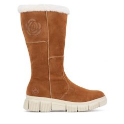 Kozaki Rieker. Brązowe kozaki damskie Rieker, bez wzorów, bez obcasa, na płaskiej podeszwie, bez zapięcia. Za 272.99 zł.
