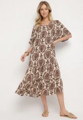 Brązowa Sukienka z Bawełną w Abstrakcyjny Wzór Filindela. Brązowe sukienki damskie Born2be, na co dzień, l, z aplikacjami, z bawełny, eleganckie, bez kołnierzyka, bez ramiączek, midi. Za 49.99 zł.