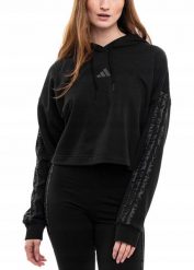 Bluza damska adidas Essentials 3 Stripes Print French Terry Hoodie. Czarne bluzy damskie Adidas, uniwersalny, bez wzorów, z bawełny, bez ramiączek, z kapturem. Za 229.99 zł.