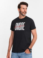 Męska koszulka bawełniana z podwójnym logotypem – czarna V2 OM-TSPT-0210 - XXL. Czarne t-shirty męskie Ombre Clothing, l, bez wzorów, z bawełny, bez kołnierzyka, bez ramiączek. W wyprzedaży za 39.99 zł.