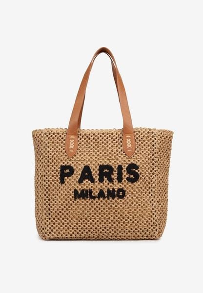 Ciemnobeżowa Torebka Shopperka z Plecionki z Napisem Navario. Brązowe shopperki damskie Born2be, bez wzorów, z jeansu, bez dodatków. Za 99.99 zł.