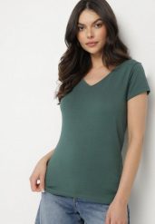 Ciemnozielony T-shirt z Bawełny o Prostym Kroju z Dekoltem w Serek Fevireena. Zielone t-shirty damskie Born2be, l, bez wzorów, z bawełny, eleganckie, bez kołnierzyka, bez ramiączek. Za 39.99 zł.