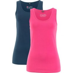 Tank top ze stretchem (2 szt. w opak.). Czarne topy damskie bonprix, bez wzorów, z bawełny, casualowe, bez kołnierzyka, bez ramiączek. Za 39.99 zł.