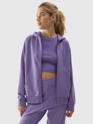 4F Bluza dresowa rozpinana z kapturem damska - fioletowa M. Fioletowe bluzy damskie 4F, l, bez wzorów, z bawełny, sportowe, bez ramiączek, z kapturem. W wyprzedaży za 79.99 zł.