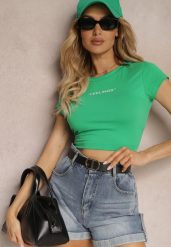 Zielony T-shirt o Dopasowanym Fasonie Cropped z Napisem Zaloella. Zielone t-shirty damskie Renee, m, bez wzorów, z jeansu, klasyczne, bez kołnierzyka, bez ramiączek. Za 44.99 zł.