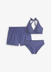 Bikini + szorty kąpielowe (3 części). Niebieskie bikini bonprix, bez wzorów. Za 159.99 zł.