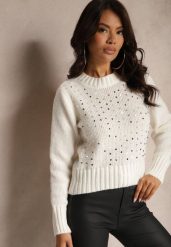 Jasnobeżowy Casualowy Sweter z Bawełną i Cekinami Savintha. Brązowe swetry nierozpinane damskie Renee, z aplikacjami, z bawełny, casualowe, bez kołnierzyka, bez ramiączek. Za 69.99 zł.