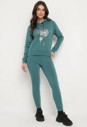 Zielony Bawełniany Komplet Dresowy Ocieplany Bluza i Spodnie Sevizelle. Zielone bluzy damskie Born2be, m, z aplikacjami, z bawełny, bez ramiączek, z kapturem. Za 89.99 zł.