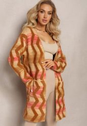 Ciemnobeżowy Luźny Kardigan Niezapinany w Geometryczny Print Sheshy. Brązowe kardigany damskie Renee, bez wzorów, z dzianiny, eleganckie, bez kołnierzyka. Za 119.99 zł.