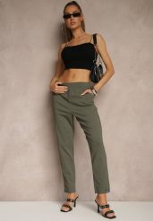 Ciemnozielone Spodnie z Wiskozą High Waist i Ozdobnymi Napami Redaira. Zielone spodnie materiałowe damskie Renee, z aplikacjami, z jeansu, eleganckie, z podwyższonym stanem. Za 59.99 zł.