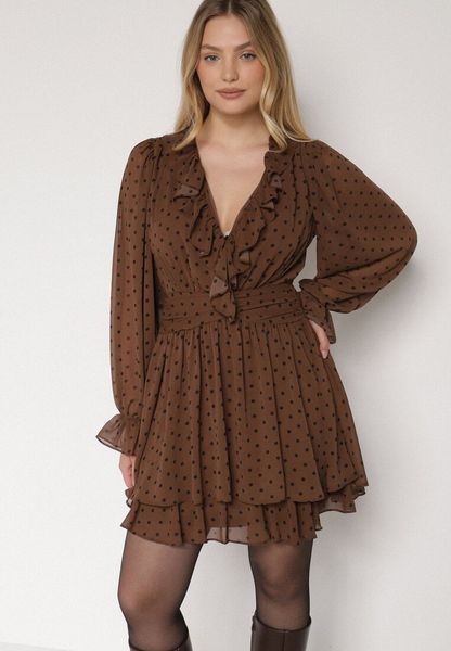 Brązowa Siateczkowa Sukienka w Groszki o Rozkloszowanym Kroju z Falbankami Nemela. Brązowe sukienki damskie Born2be, na co dzień, l, bez wzorów, z poliesteru, wizytowe, bez kołnierzyka, bez ramiączek, proste. Za 159.99 zł.