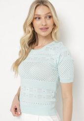 Miętowa Ażurowa Bluzka z Krótkim Rękawem Alirada. Zielone bluzki damskie Born2be, s, w ażurowe wzory, bez kołnierzyka, bez ramiączek. Za 64.99 zł.