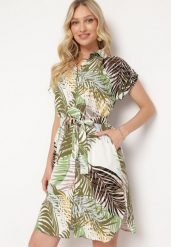 Zielona Bawełniana Sukienka Zapinana na Guziki z Materiałowym Paskiem Opilla. Zielone sukienki damskie Born2be, na imprezę, l, bez wzorów, z bawełny, eleganckie, bez kołnierzyka, bez ramiączek, midi, dopasowane. Za 84.99 zł.