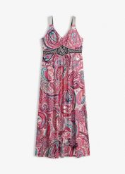 Długa sukienka z aplikacjami. Czerwone sukienki damskie bonprix, na lato, z aplikacjami, eleganckie, bez kołnierzyka, bez ramiączek, maxi. Za 79.99 zł.