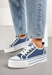 Granatowe Trampki na Grubej Podeszwie z Cyrkoniami Asgerda. Niebieskie trampki i tenisówki damskie Born2be, z aplikacjami, z jeansu, bez zapięcia. Za 84.99 zł.