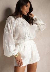 Biały Komplet z Wiskozą i Bawełną Szorty i Koszula z Haftem Milviola. Białe koszule damskie Renee, m, bez wzorów, z bawełny, eleganckie, bez kołnierzyka, bez ramiączek. Za 169.99 zł.