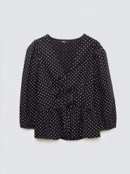 Bluzka damska z baskinką w kropki czarna Sori 906. Czarne bluzki damskie BIG STAR, l, bez wzorów, z bawełny, eleganckie, bez kołnierzyka, bez ramiączek. Za 199.99 zł.