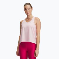 Top treningowy damski Under Armour Tech Swing Tank prime pink/white. Czerwone topy damskie Under Armour, bez wzorów, bez kołnierzyka, bez ramiączek. Za 73.99 zł.