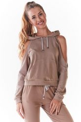 Krótka Bluza z Rozcięciami na Ramionach - Beżowa. Brązowe bluzy damskie Infinite You, l, bez wzorów, z bawełny, bez ramiączek, bez kaptura. Za 167.90 zł.