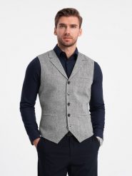 Kamizelka męska garniturowa z kołnierzem - szara V2 - Rozmiar: XL. Szare garnitury męskie Ombre Clothing, m, bez wzorów, z poliesteru. W wyprzedaży za 169.99 zł.