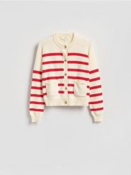 Bawełniany kardigan w paski - czerwony. Czerwone kardigany damskie Reserved, l, bez wzorów, z bawełny, bez kołnierzyka. Za 199.99 zł.