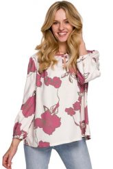 Wiskozowa Bluzka w Kwiaty z Bufiastym Rękawem - Model 2. Brązowe bluzki damskie MOE, l, bez wzorów, z materiału, bez kołnierzyka, bez ramiączek. Za 244.90 zł.