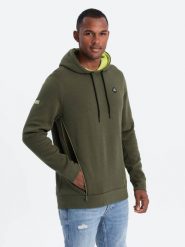 Bluza męska z kapturem z kieszenią na zamek - oliwkowa V2 - Rozmiar: L. Zielone bluzy męskie Ombre Clothing, l, bez wzorów, z bawełny, bez ramiączek, z kapturem. W wyprzedaży za 69.99 zł.