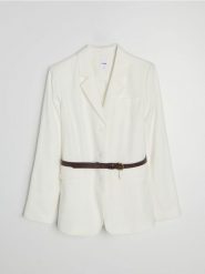 Żakiet z wiskozą i domieszką lnu - kremowy. Białe marynarki i żakiety damskie Sinsay, bez wzorów, z wiskozy, bez kołnierzyka, bez ramiączek. Za 79.99 zł.