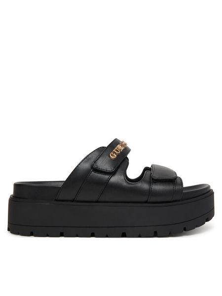 Guess Klapki FLJFAX ELE03 Czarny. Czarne klapki damskie Guess, z aplikacjami, ze skóry, bez obcasa, bez zapięcia. Za 323.99 zł.