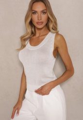 Jasnobeżowa Dzianinowa Bluzka Top z Wiskozy Zdobiona Metaliczną Nicią Alandwen. Brązowe topy damskie Renee, m, z aplikacjami, z dzianiny, eleganckie, bez kołnierzyka, bez ramiączek. Za 59.99 zł.