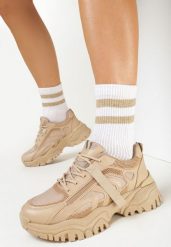 Ciemnobeżowe Sneakersy z Tłoczeniami i Amortyzującą Wkładką Funzea. Brązowe obuwie sportowe damskie Born2be, z aplikacjami, z jeansu, z okrągłym noskiem, bez zapięcia. Za 119.99 zł.