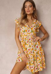 Żółta Taliowana Sukienka Mini w Kwiaty z Gumką w Talii Teziovi. Żółte sukienki damskie Renee, m, bez wzorów, z wiskozy, bez kołnierzyka, bez ramiączek, mini. Za 54.99 zł.