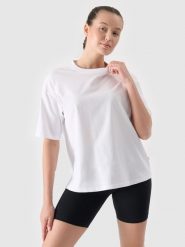 4F T-shirt oversize gładki damski - biały L. Białe t-shirty damskie 4F, l, bez wzorów, z bawełny, klasyczne, bez kołnierzyka, bez ramiączek. W wyprzedaży za 29.99 zł.