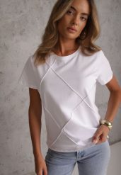 Biały Bawełniany T-shirt o Klasycznym Kroju z Ozdobnymi Przeszyciami w Romby Luara. Białe t-shirty damskie Renee, l, bez wzorów, z bawełny, casualowe, bez kołnierzyka, bez ramiączek. Za 59.99 zł.