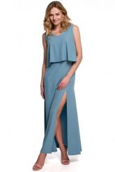 Długa zmysłowa sukienka z falbaną i rozcięciem niebieska. Niebieskie sukienki damskie Sukienki.shop, na imprezę, m, bez wzorów, eleganckie, bez kołnierzyka, bez ramiączek, maxi. Za 349.00 zł.