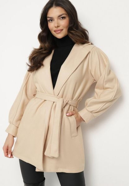 Beżowy Płaszcz z Wiązanym Paskiem i Bufiastym Rękawem Imgrucu. Brązowe płaszcze damskie Born2be, na jesień, bez wzorów, z jeansu, bez kołnierzyka, bez kaptura. Za 109.99 zł.