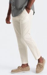 Ombre Podwijane męskie spodnie chino z dodatkiem lnu kremowe V2 OM-PACP-0198 XL. Białe eleganckie spodnie męskie Ombre, m, bez wzorów. Za 219.99 zł.