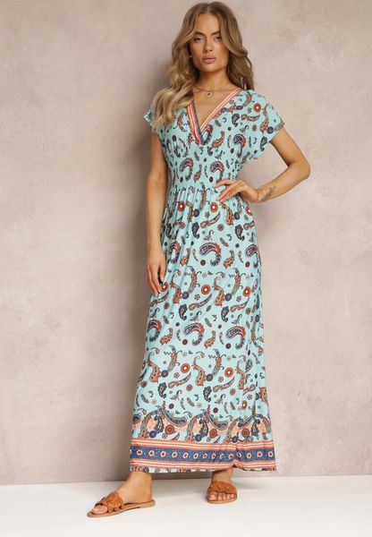 Jasnoniebieska Rozkloszowana Sukienka Maxi z Printem Paisley z Gumką w Pasie Zoenia. Niebieskie sukienki damskie Renee, na lato, l, bez wzorów, bez kołnierzyka, bez ramiączek, maxi, rozkloszowane. Za 49.99 zł.