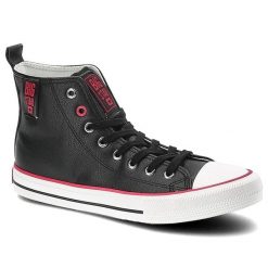 Trampki damskie Big Star, z cholewką z materiału syntetycznego sznurowane na metalowych oczkach, czarnoczerwone, JJ274131. Czarne trampki i tenisówki damskie BIG STAR, bez wzorów, z gumy, przed kolano, bez zapięcia. Za 89.00 zł.