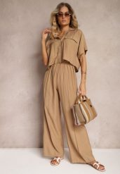 Brązowy 2-Częściowy Komplet z Wiskozy Koszula o Luźnym Kroju Szerokie Spodnie Velvitela. Brązowe koszule damskie Renee, bez wzorów, z materiału, eleganckie, bez kołnierzyka, bez ramiączek. Za 109.99 zł.