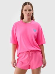 4F T-shirt oversize z nadrukiem damski - fuksja M. Czerwone t-shirty damskie 4F, m, bez wzorów, z bawełny, klasyczne, bez kołnierzyka, bez ramiączek. W wyprzedaży za 39.99 zł.