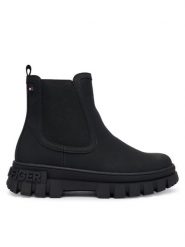 Tommy Hilfiger Botki T3X5-34130-1355999 D Czarny. Czarne botki damskie Tommy Hilfiger, bez wzorów, z tworzywa sztucznego, bez obcasa, na płaskiej podeszwie, bez zapięcia. Za 389.99 zł.