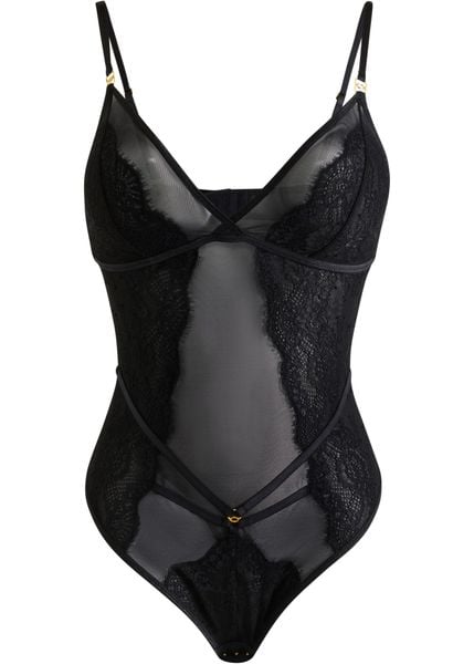 Body ze stringami, bez fiszbinów. Czarne body bonprix, bez wzorów. Za 94.99 zł.