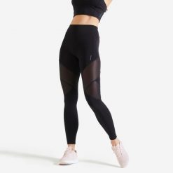 Legginsy fitness damskie Domyos. Czarne legginsy sportowe damskie DOMYOS, l, bez wzorów, z materiału, z podwyższonym stanem, długie, na fitness i siłownię. Za 69.99 zł.