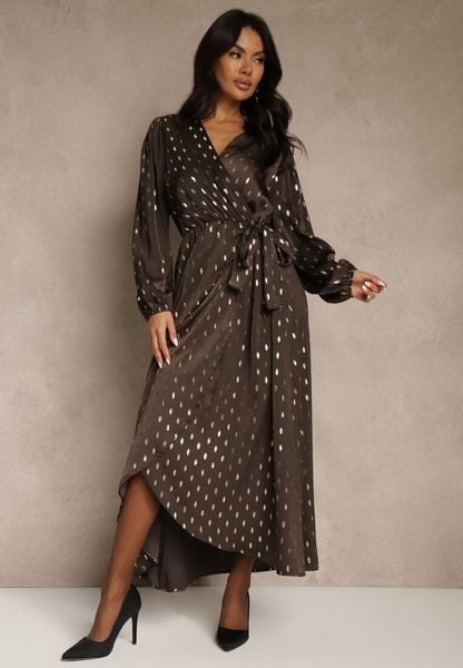 Brązowa Wiązana Sukienka o Kopertowym Kroju Zdobiona Metalicznym Printem Reinora. Brązowe sukienki damskie Renee, na spotkanie biznesowe, l, z aplikacjami, bez kołnierzyka, bez ramiączek, maxi, kopertowe. Za 159.99 zł.