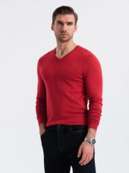 Męski elegancki sweter V-neck BASIC z wiskozą czerwony V20 OM-SWBS-0107 M. Czerwone swetry męskie Ombre, m, bez wzorów, z wiskozy, eleganckie, bez kołnierzyka, bez ramiączek. Za 136.15 zł.