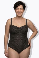 Damski Strój kąpielowy metaliczny miękkie miseczki podszewka powermesh z przodu. Niebieskie stroje kąpielowe damskie Ulla Popken, plus size, bez wzorów, z elastanu. Za 233.99 zł.