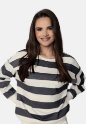 Bluza w paski B-MAGNE. Białe bluzy damskie Volcano, s, bez wzorów, z jeansu, eleganckie, bez ramiączek, bez kaptura. Za 159.99 zł.