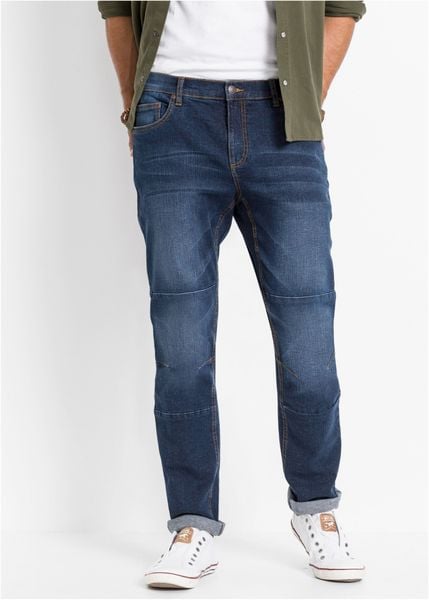 Dżinsy ze stretchem, regular fit, tapered w wygodnym fasonie. Niebieskie jeansy męskie bonprix, z jeansu. Za 149.99 zł.
